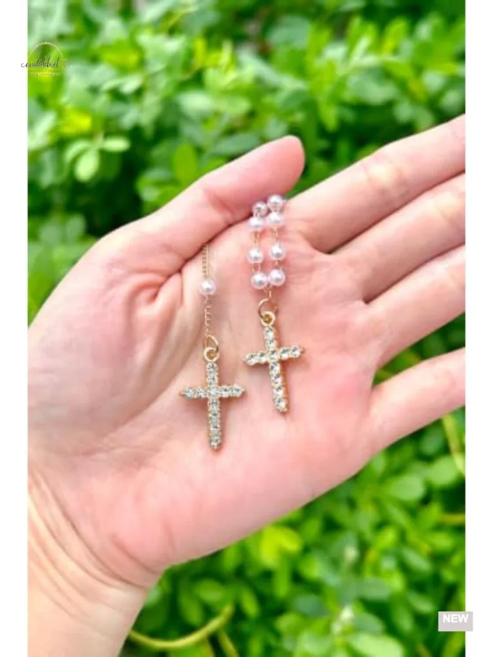 Layered Pearl Beaded Cross Necklace Set with Crystal Cross Pendant Dainty Gold